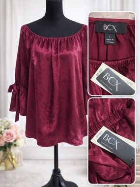 BCX Burgundy Off-Shoulder Satin Peasant Blouse
